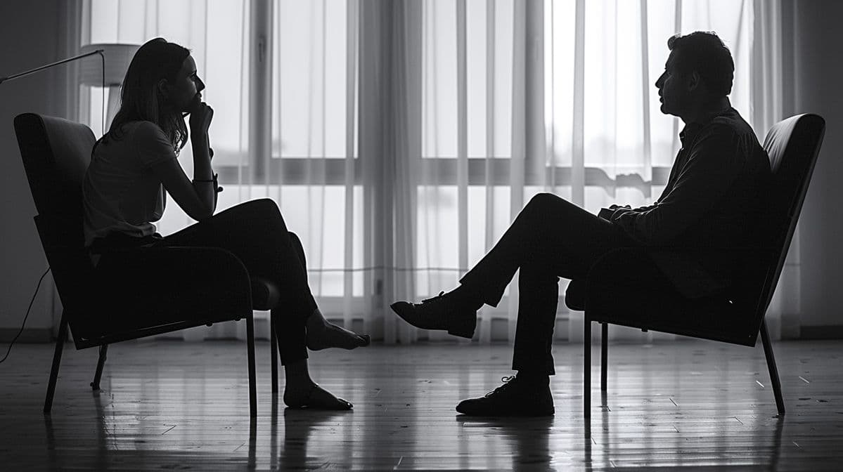 Two people sitting across from one another in a quiet consultation setting.