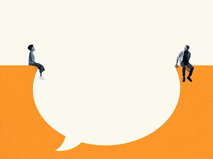 Two people sitting apart on opposite sides of a large speech-bubble shape.